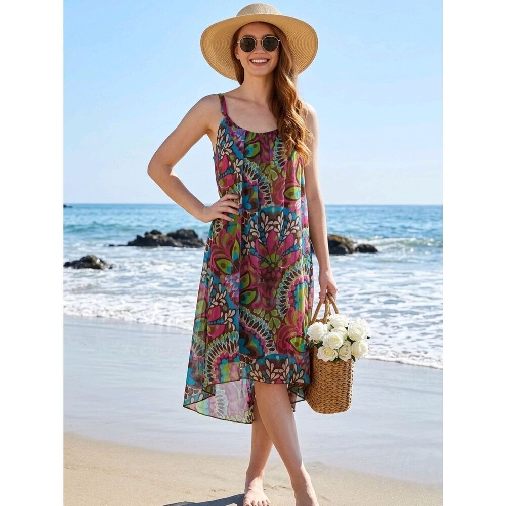 Milly Multicolor Floral-Print Sleeveless Beach Coverup — Pink, Green, Blue